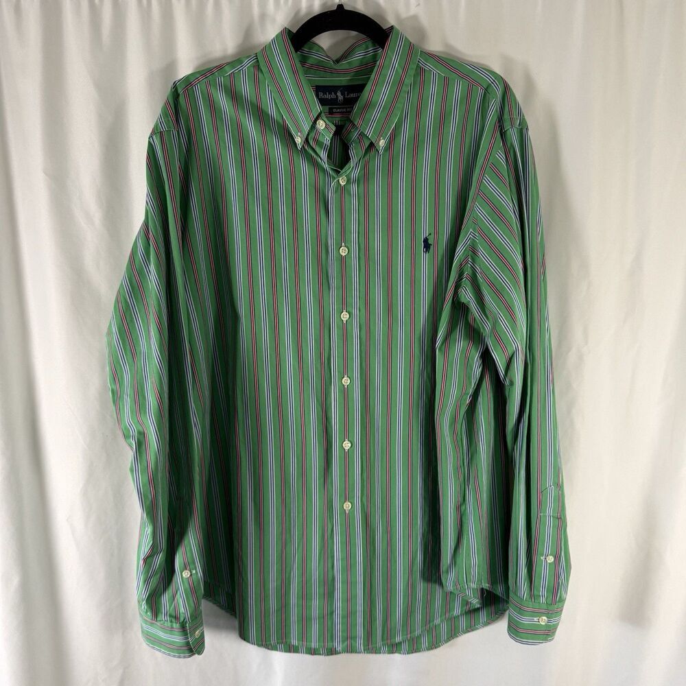 Ralph Lauren Dress Shirt Men's XL Green Blue Striped Classic Fit Long Sleeve